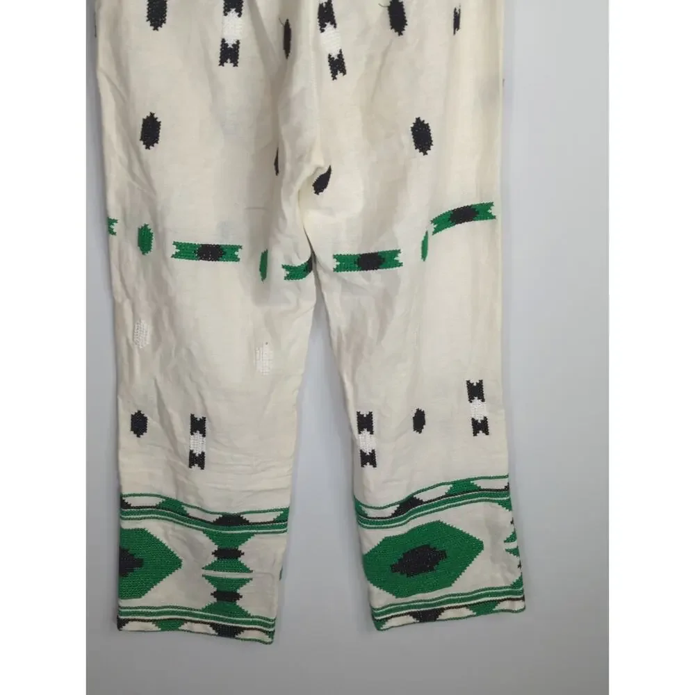 Zara‎ White & Green Geometric Embroidered Linen Pants Small Coastal Bohemian
